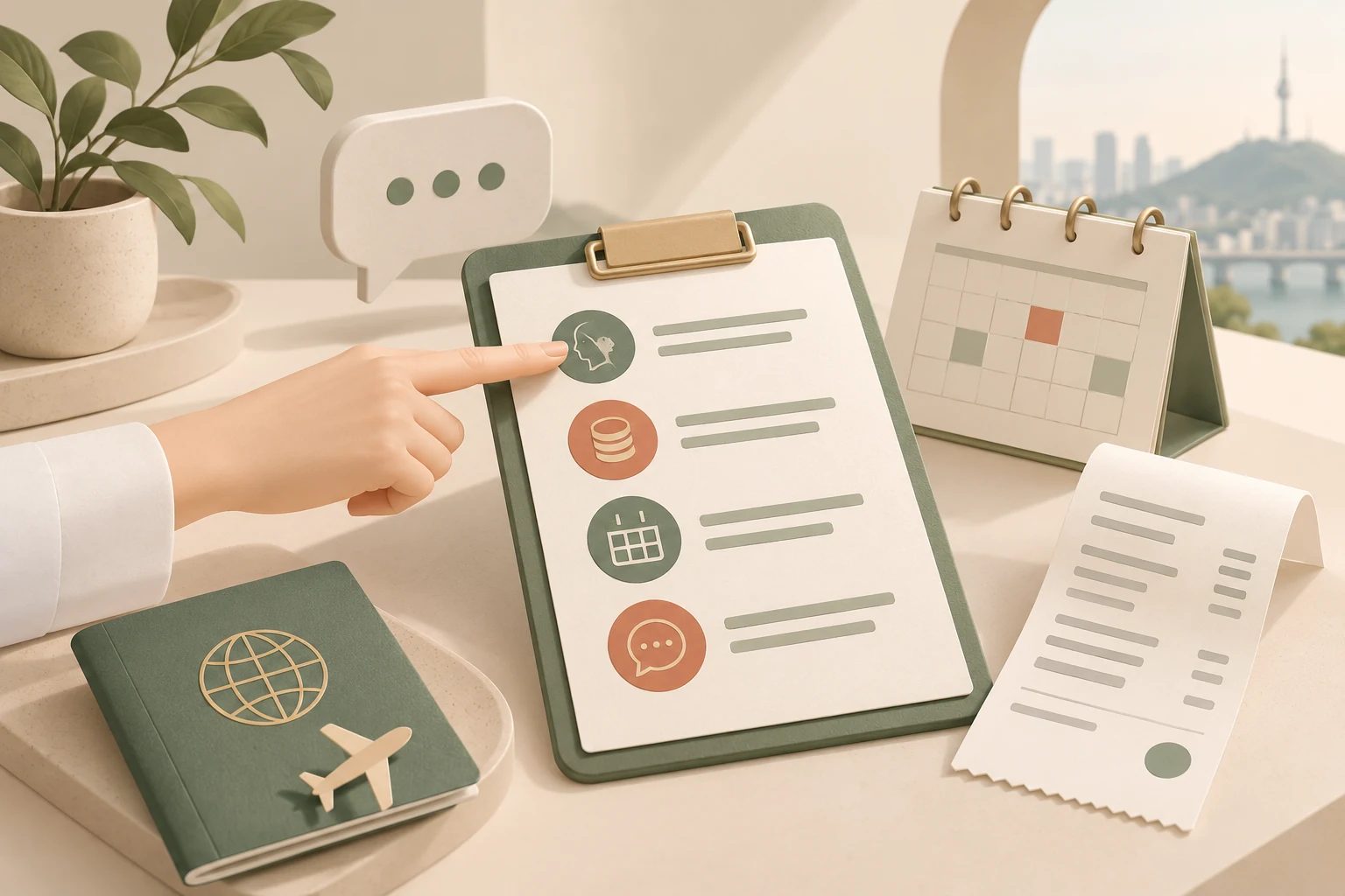 AI-generated illustration of a consultation checklist, calendar and travel documents