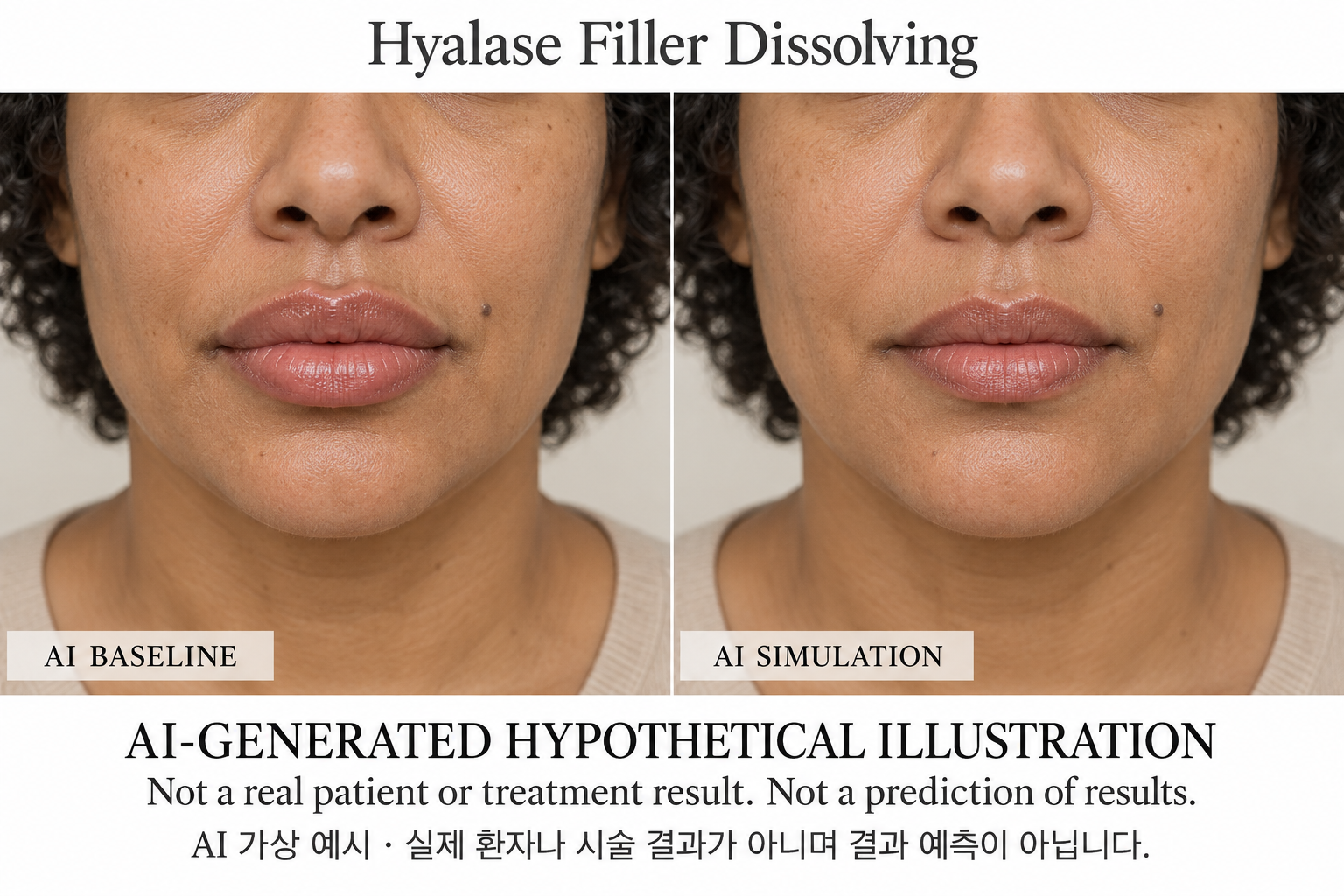 Fictional AI illustration; not an actual patient, result or prediction — Hyalase Filler Dissolving
