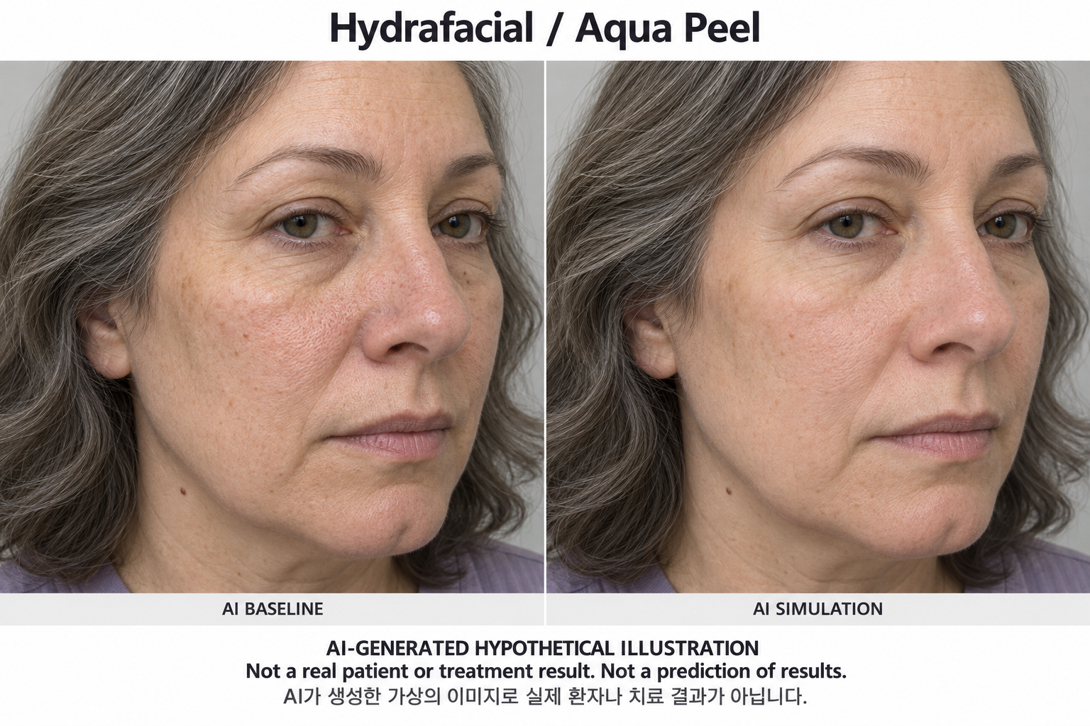 Fictional AI illustration; not an actual patient, result or prediction — Hydrafacial / Aqua Peel