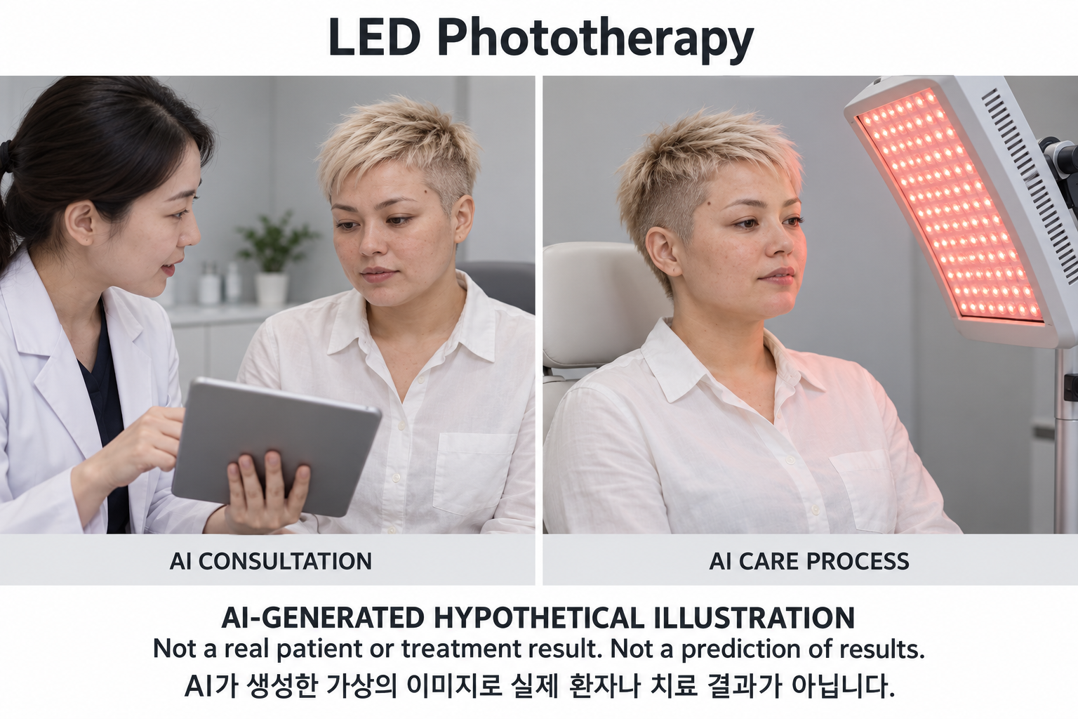Fictional AI illustration; not an actual patient, result or prediction — LED Phototherapy