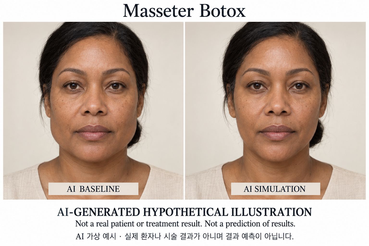 Fictional AI illustration; not an actual patient, result or prediction — Masseter Botox