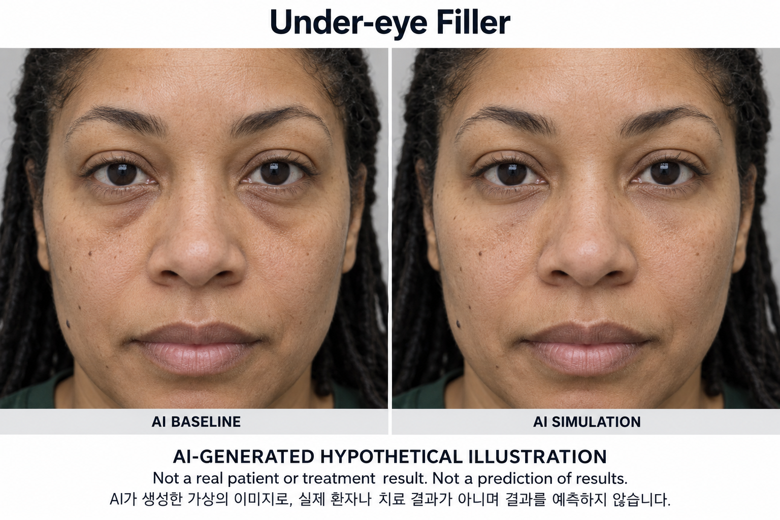 Fictional AI illustration; not an actual patient, result or prediction — Under-eye Filler